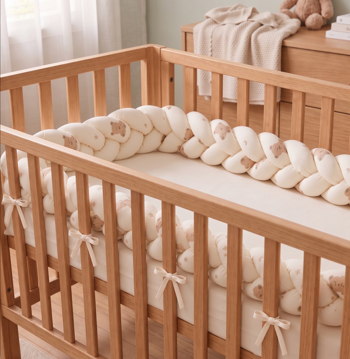 Gevlochten bedbumper met bevestigingslintjes baby beertjes – 3 meter