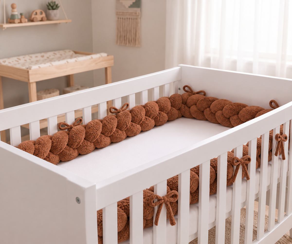 Gevlochten bedbumper met bevestigingslintjes baby teddy bruin – 3 meter