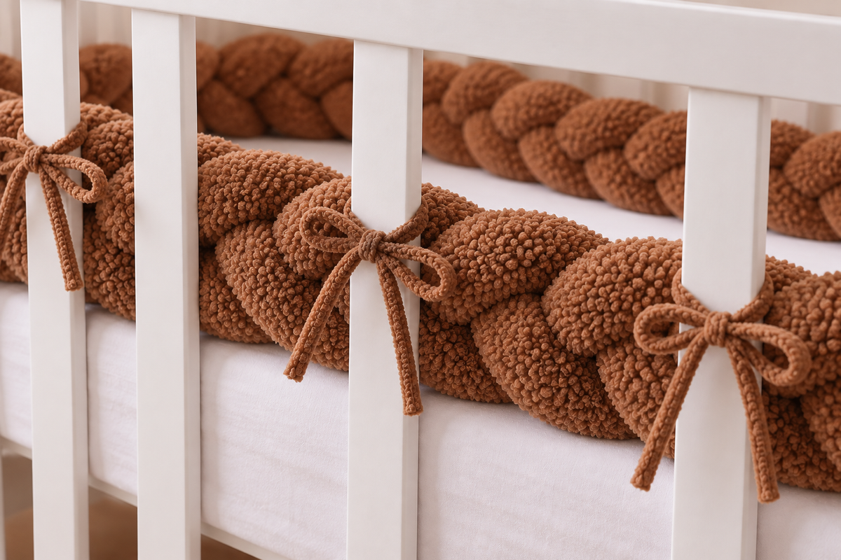 Gevlochten bedbumper met bevestigingslintjes baby teddy bruin – 3 meter