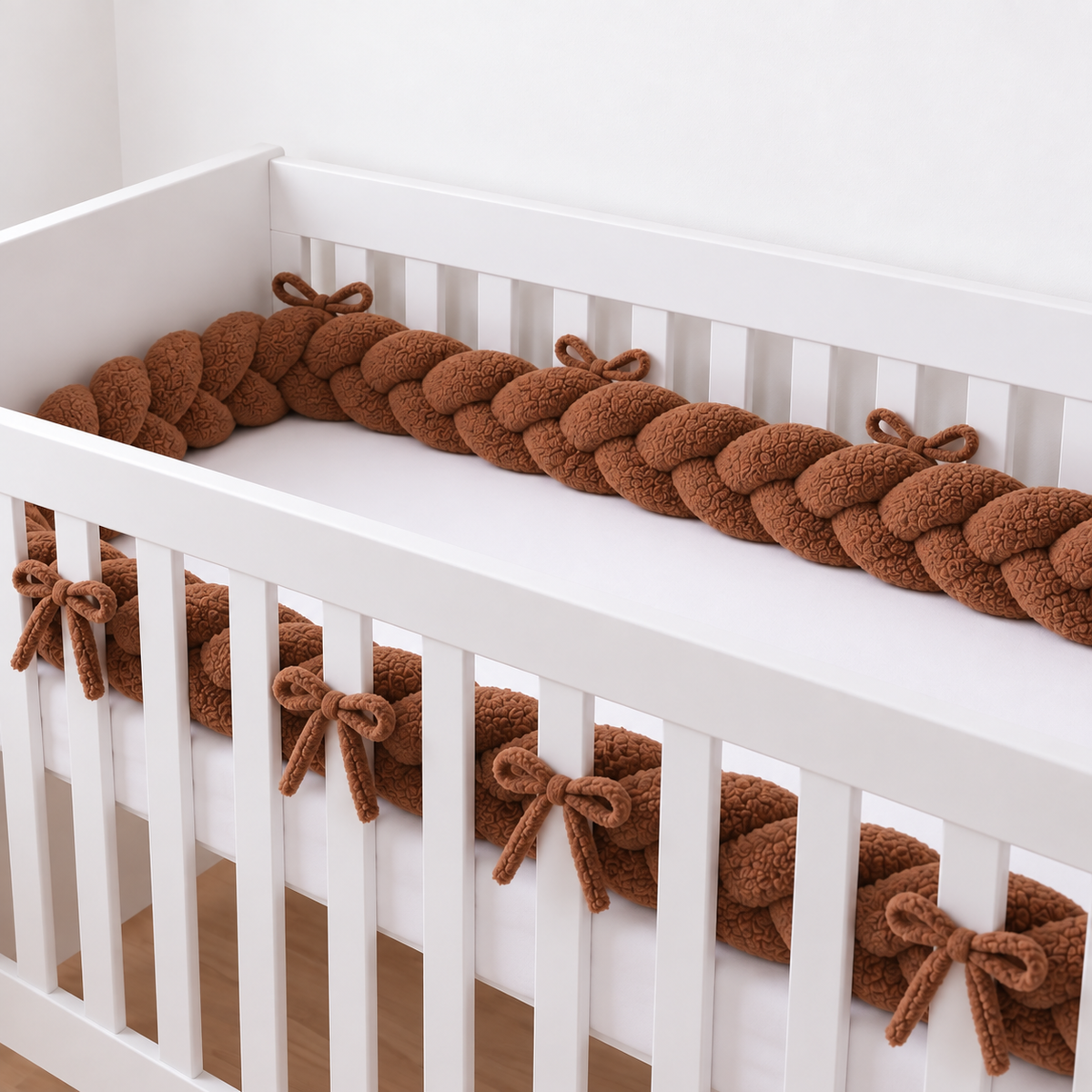 Gevlochten bedbumper met bevestigingslintjes baby teddy bruin – 3 meter