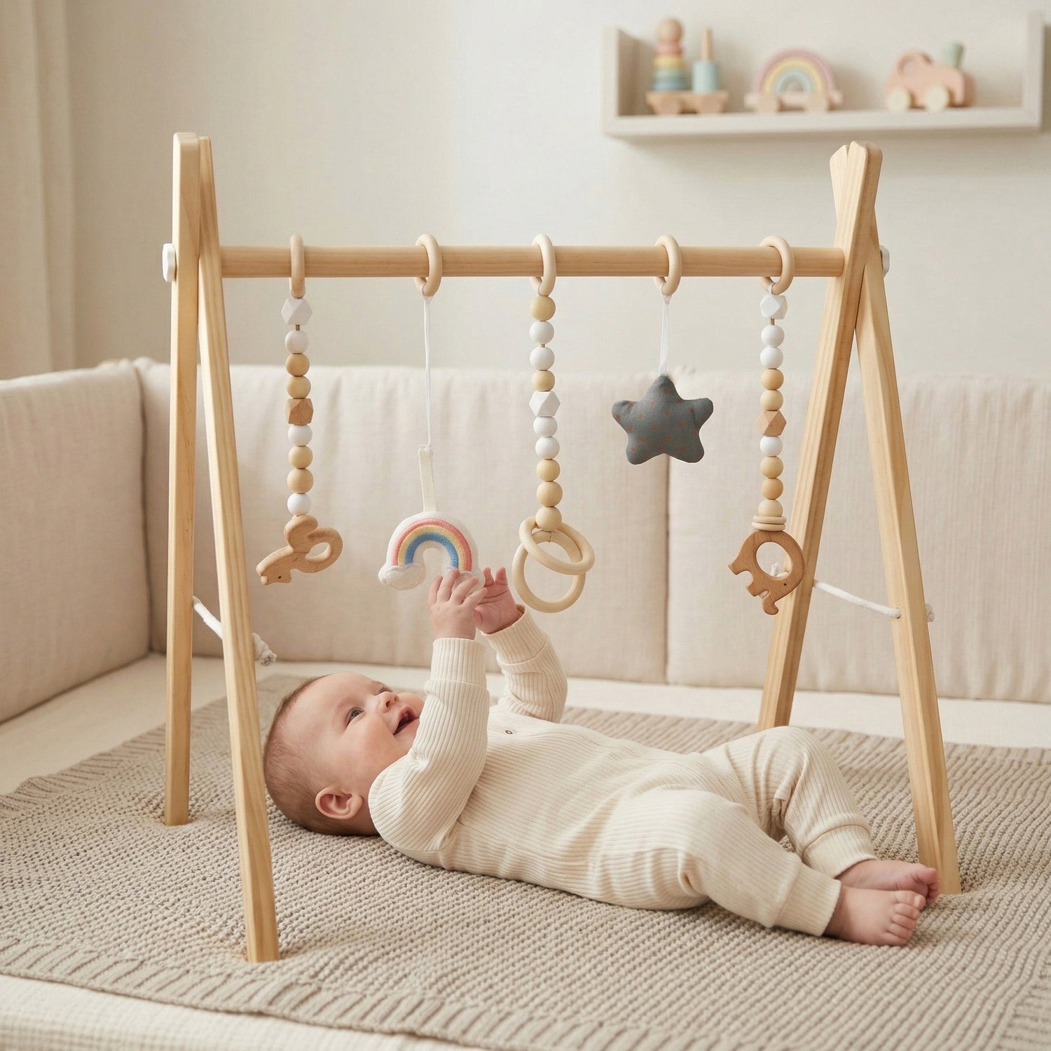Houten babygym met speeltjes – naturel