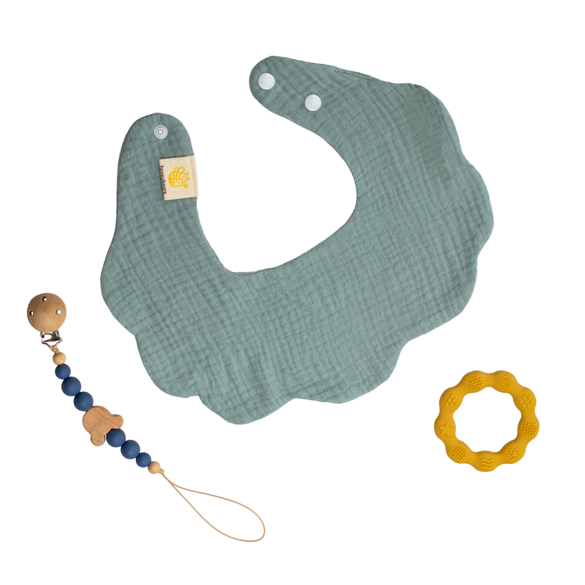 Kraamcadeau set baby – hydrofiele slab, speenkoord & bijtring – groen