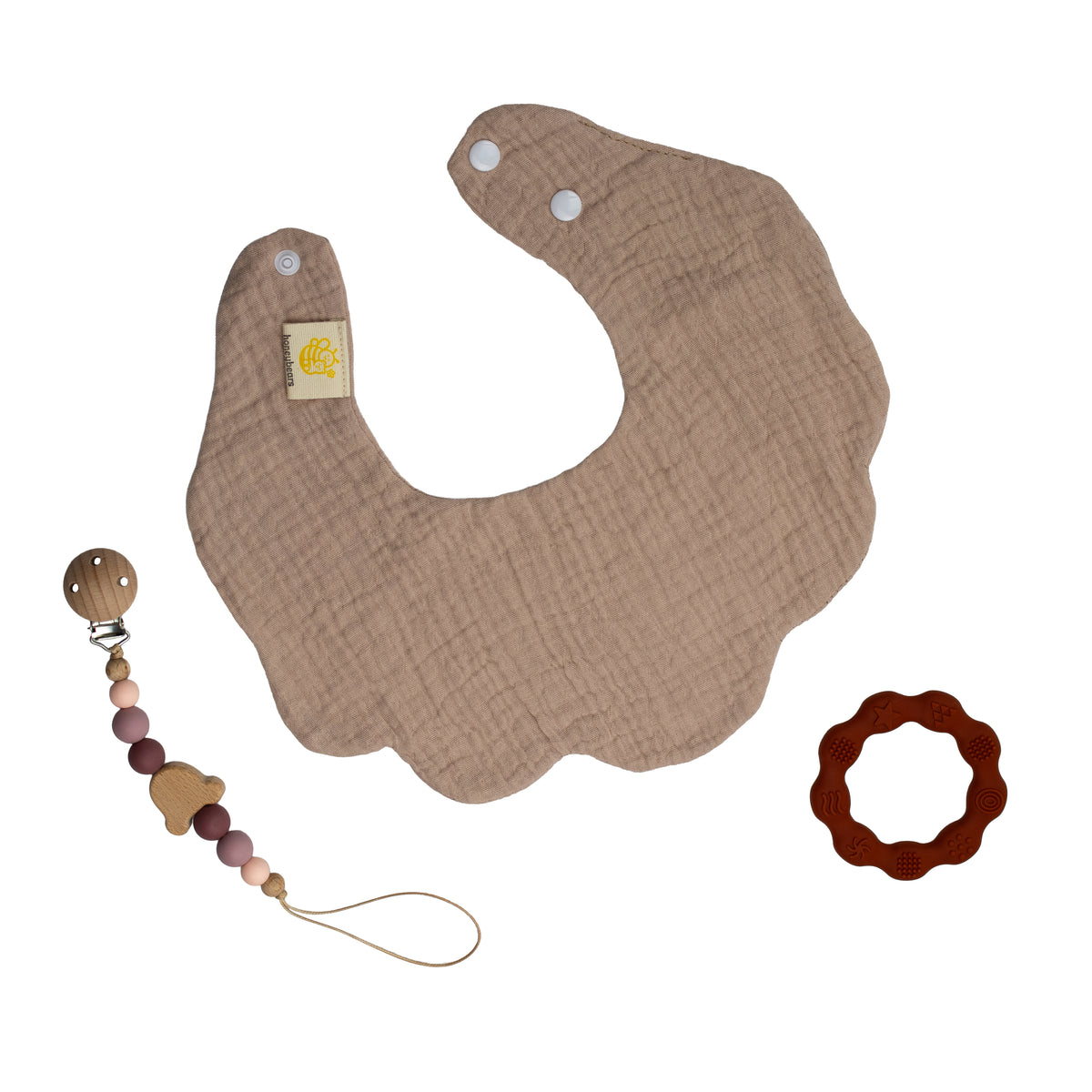 Kraamcadeau set baby – hydrofiele slab, speenkoord & bijtring – beige