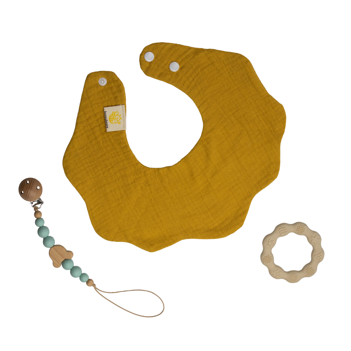 Kraamcadeau set baby – hydrofiele slab, speenkoord & bijtring – geel